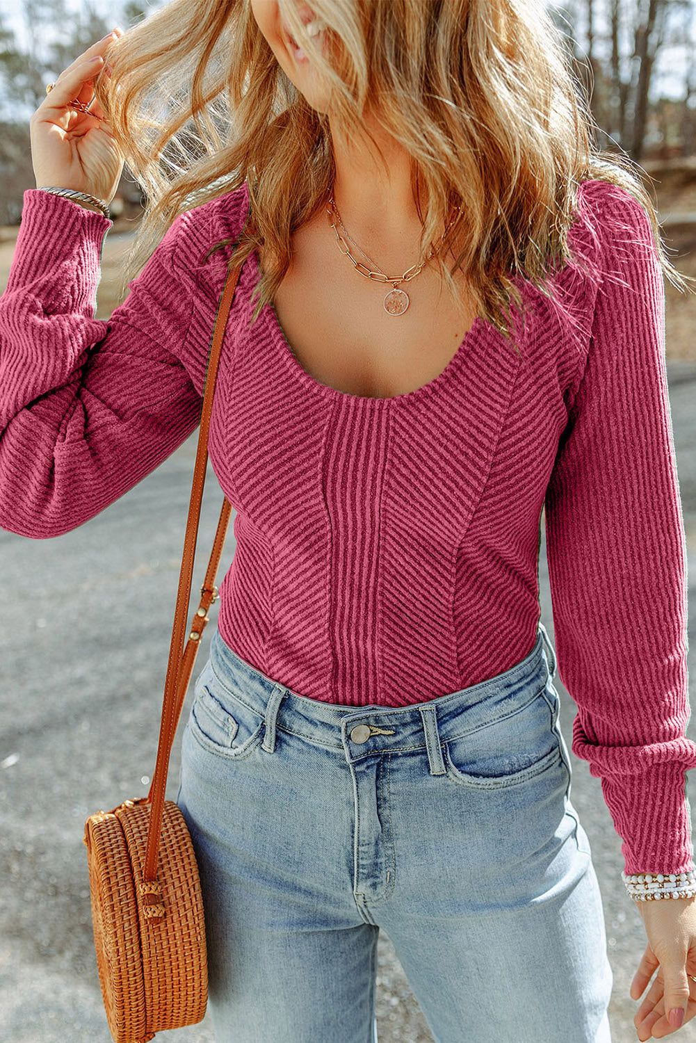Women's Top with U Neck Textured Long-Sleeve