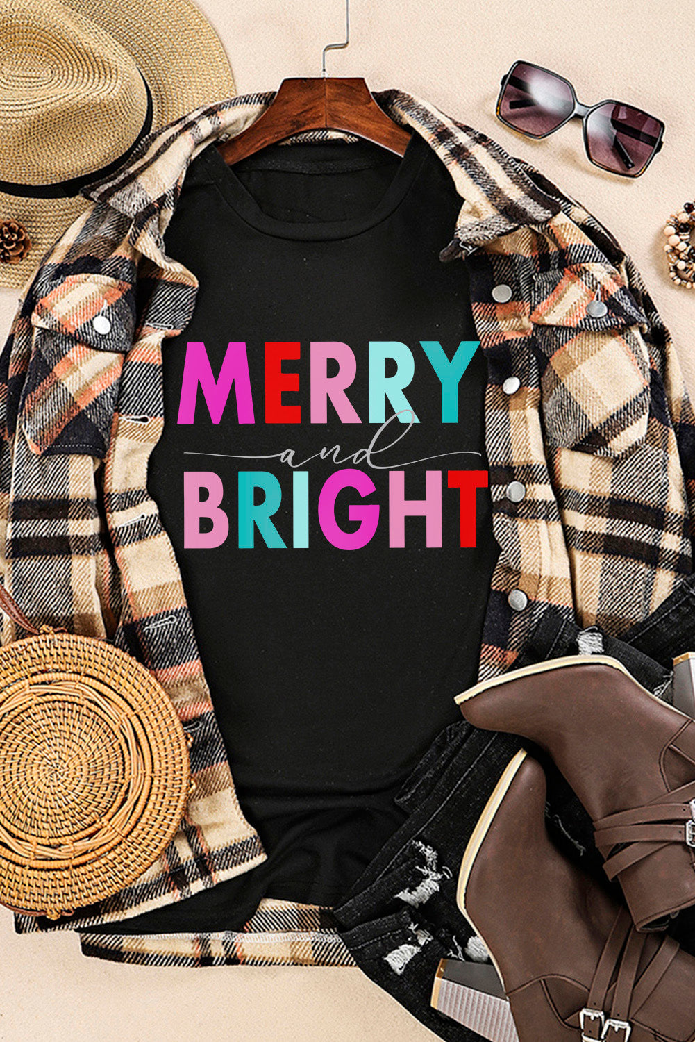 Women's MERRY and BRIGHT Crew Neck Graphic-Print Tee