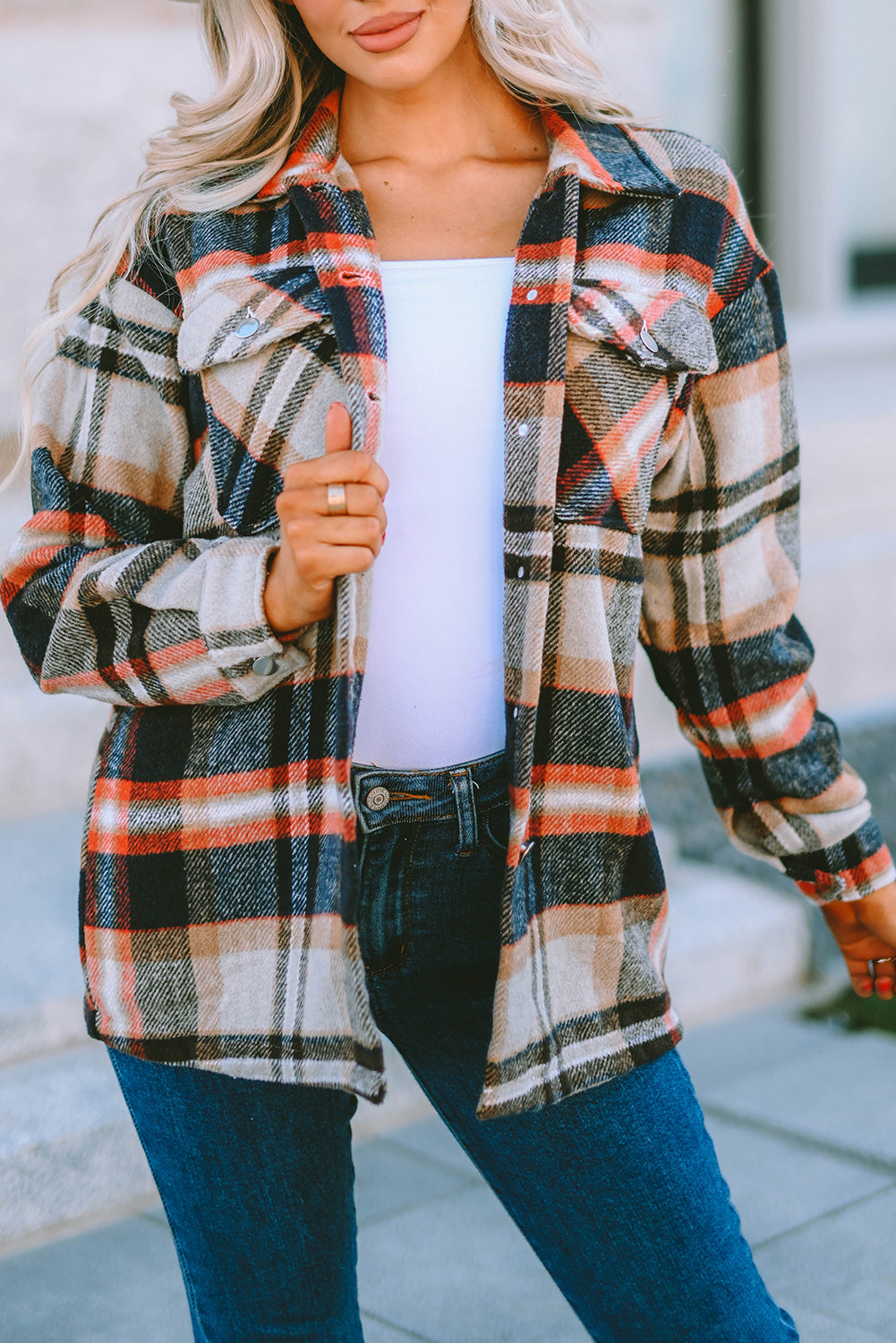 Shacket for Women Pocket-Detail Geometric Plaid