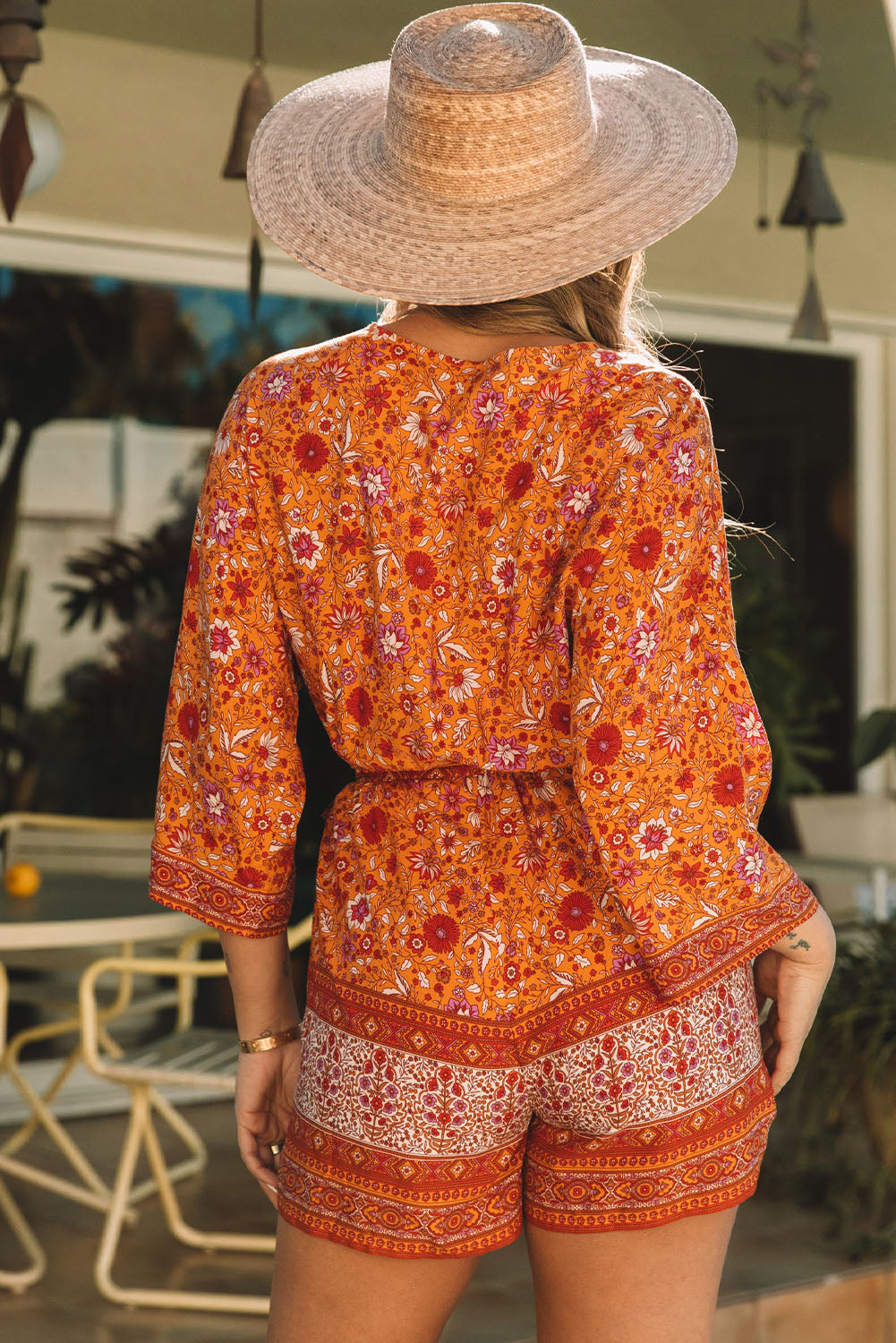 Women's Romper with Wrap Tie Waist Bohemian Floral-Print
