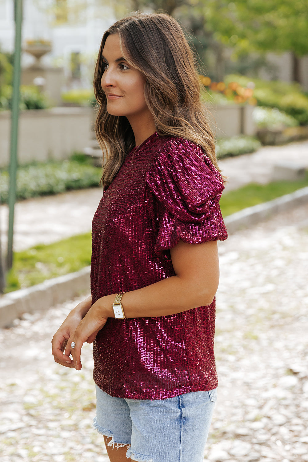 Women's Sleeve Sparkling Sequin Short Bubble Blouse