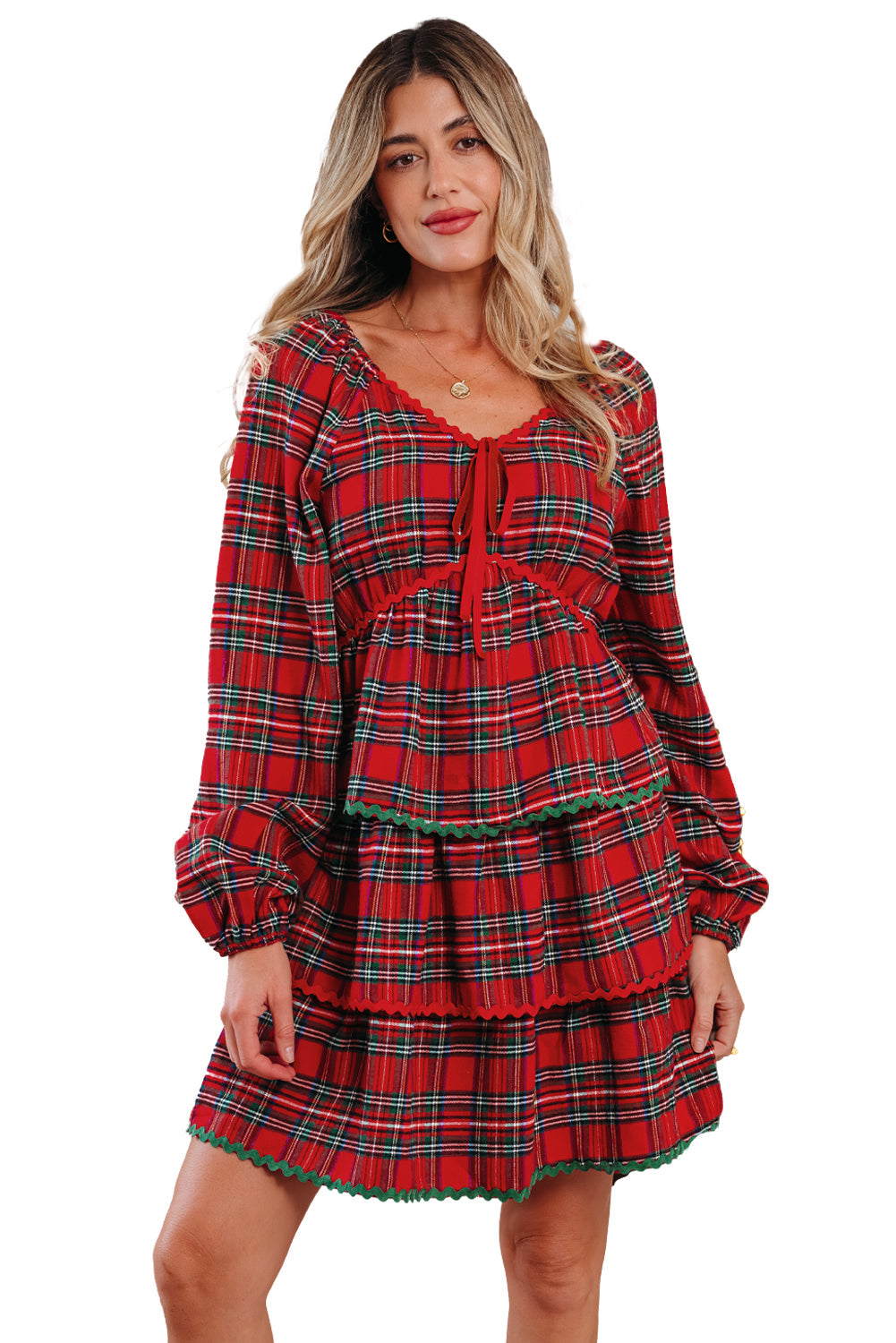 Ricrac Plaid Print Tiered Bubble Sleeve Mini Dress in Red