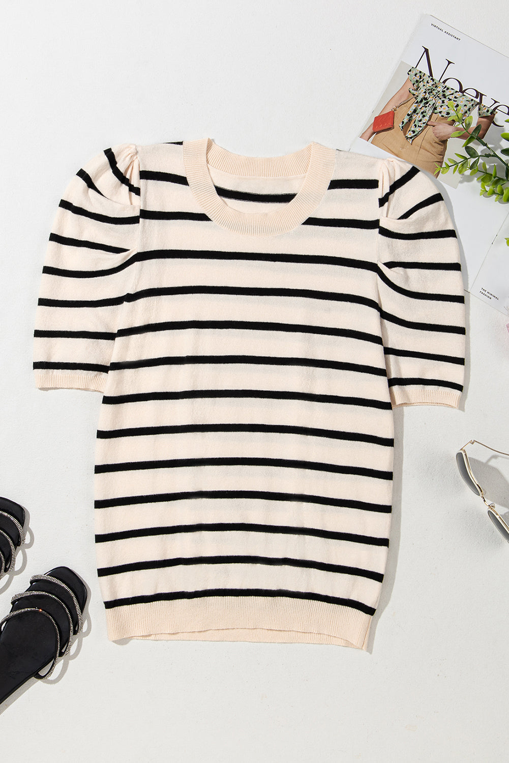 Trim Stripe Rib-Knit Knit Top in Black