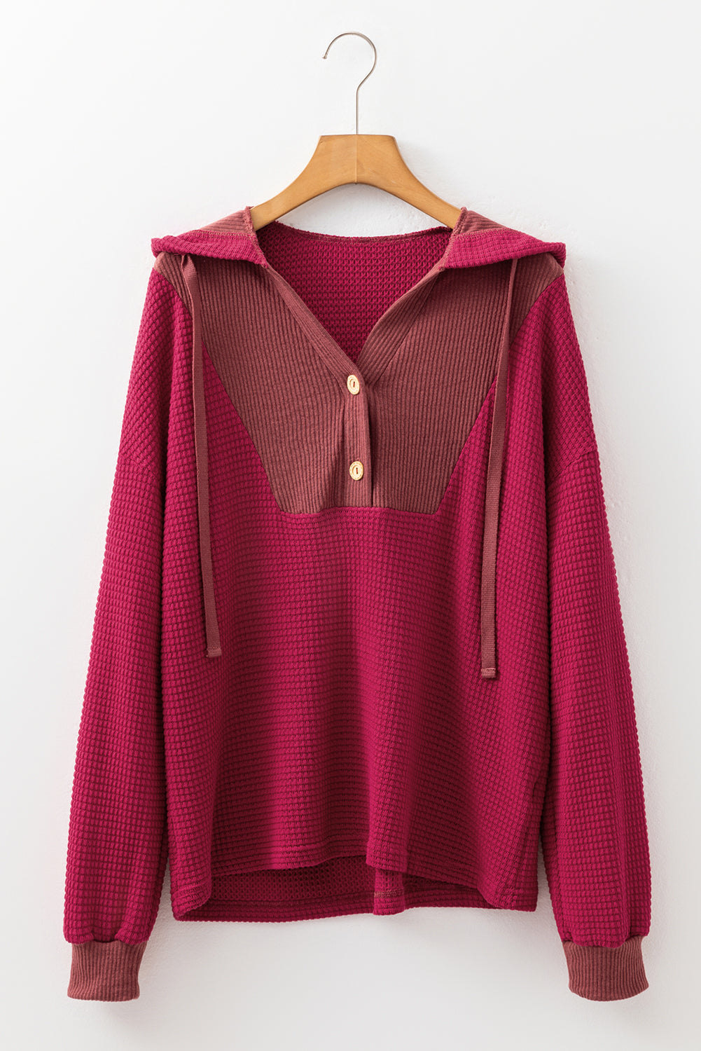 Patchwork Drop-Shoulder Waffle Drop-Shoulder Hooded Long-Sleeved Top in Red