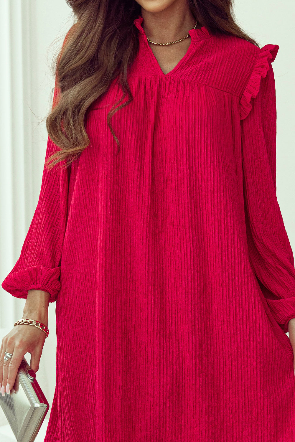 Mini Dress for Women Textured Ruffle-Trimmed Trim
