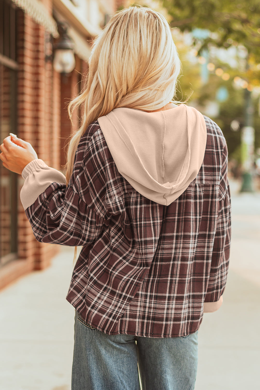 Long-Sleeved Plaid Patchwork Button Hooded Blouse