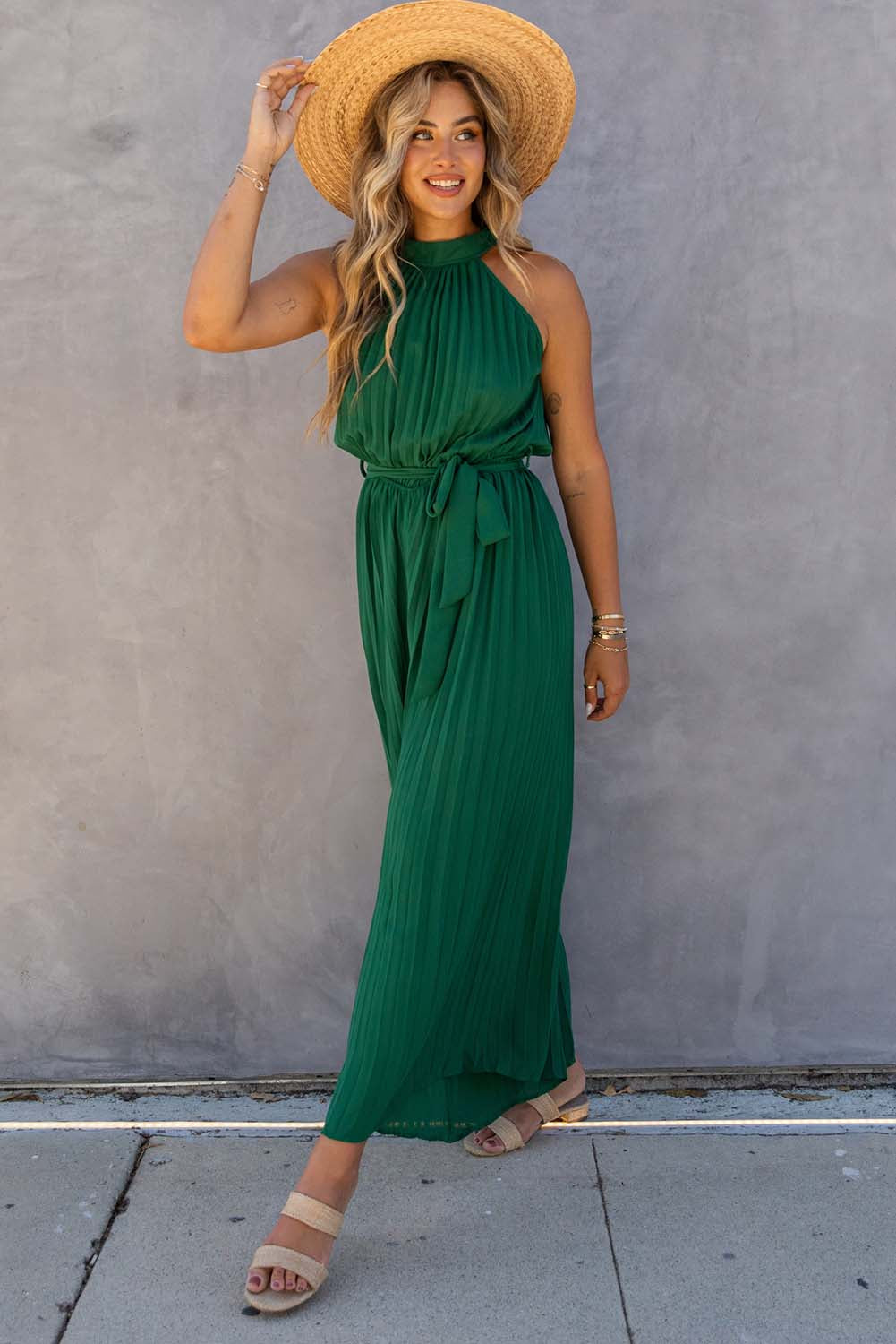 Leg Jumpsuit for Women Halter Neck Pleat-Detail Wide
