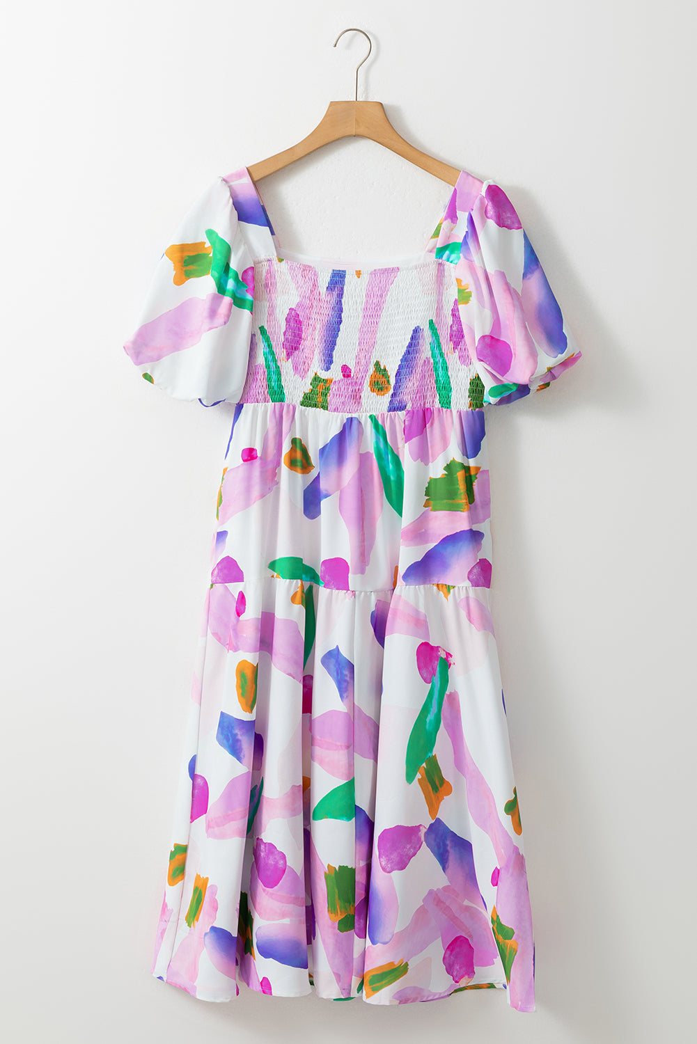 Purple Abstract Print Smocked Back Midi Dress