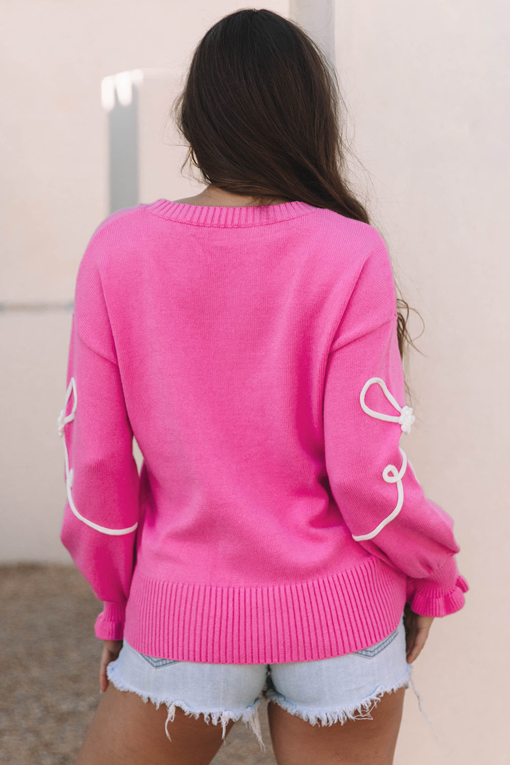Cute Pink Corded Flower Bow Ribbed Trim Sweater