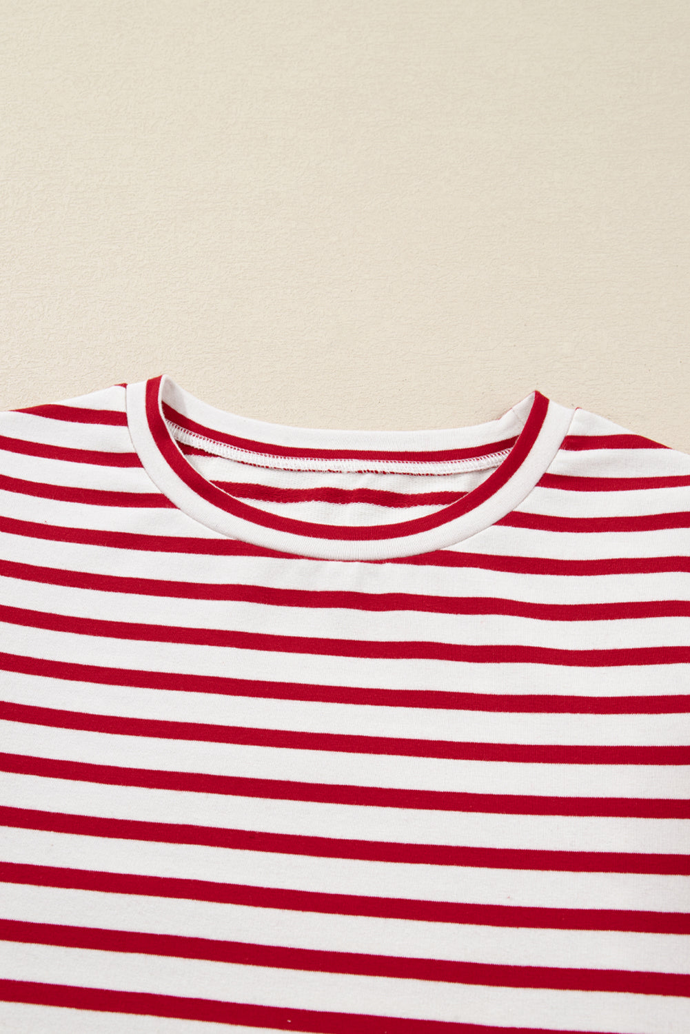 Ruffle Stripe Round-Neck Trim Long-Sleeved Top in Red