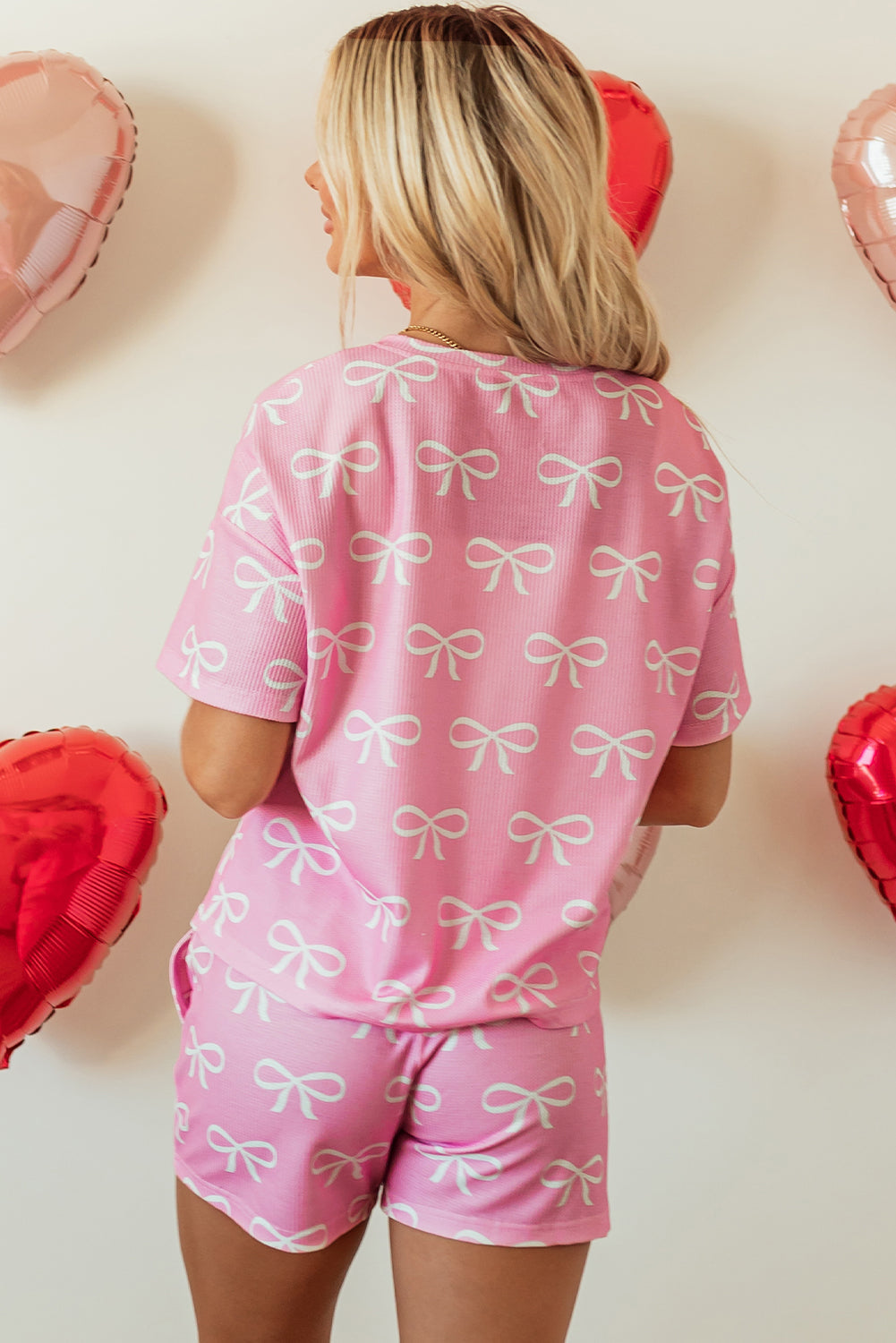 Waffle Printed Knit Bowknot V-Neck T Shirt and Shorts Set