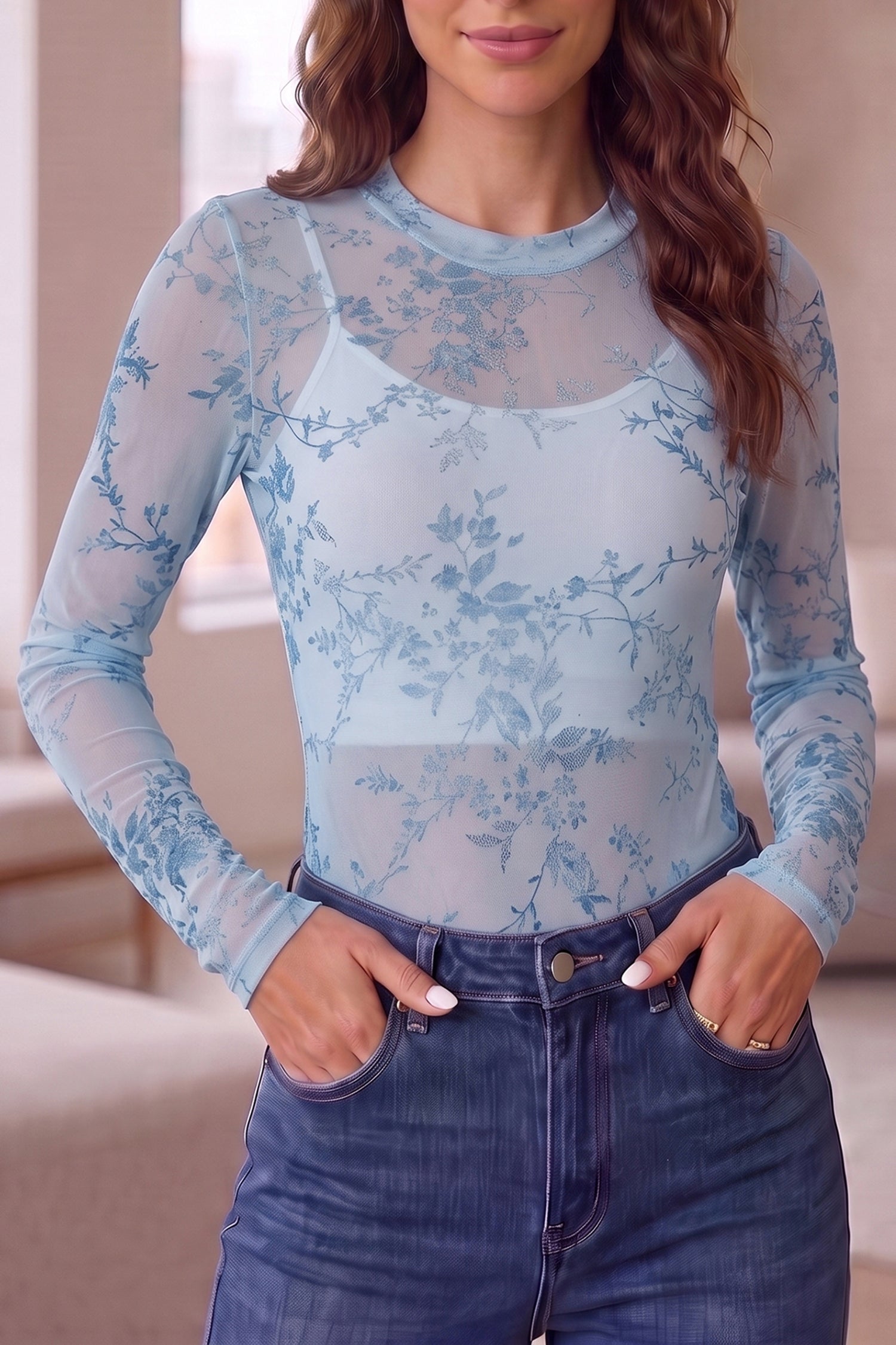 Sheer Printed Mesh Floral Mock-Neck Long-Sleeved Bodysuit in Sky Blue