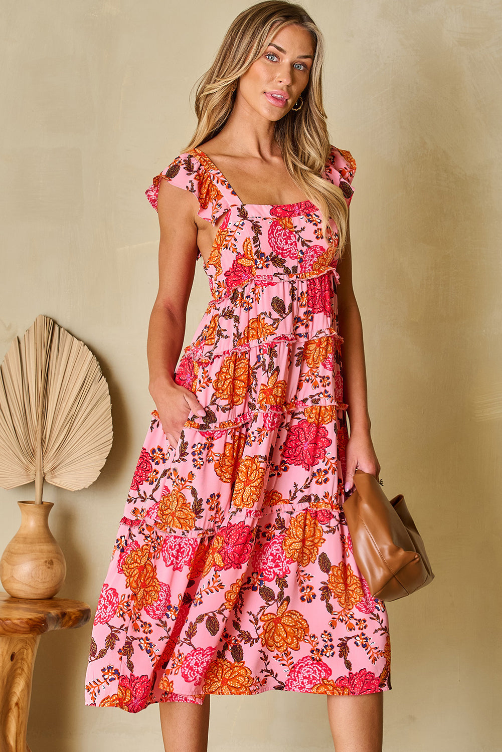 Midi Dress for Women Ruffle-Trimmed Layered Floral-Print