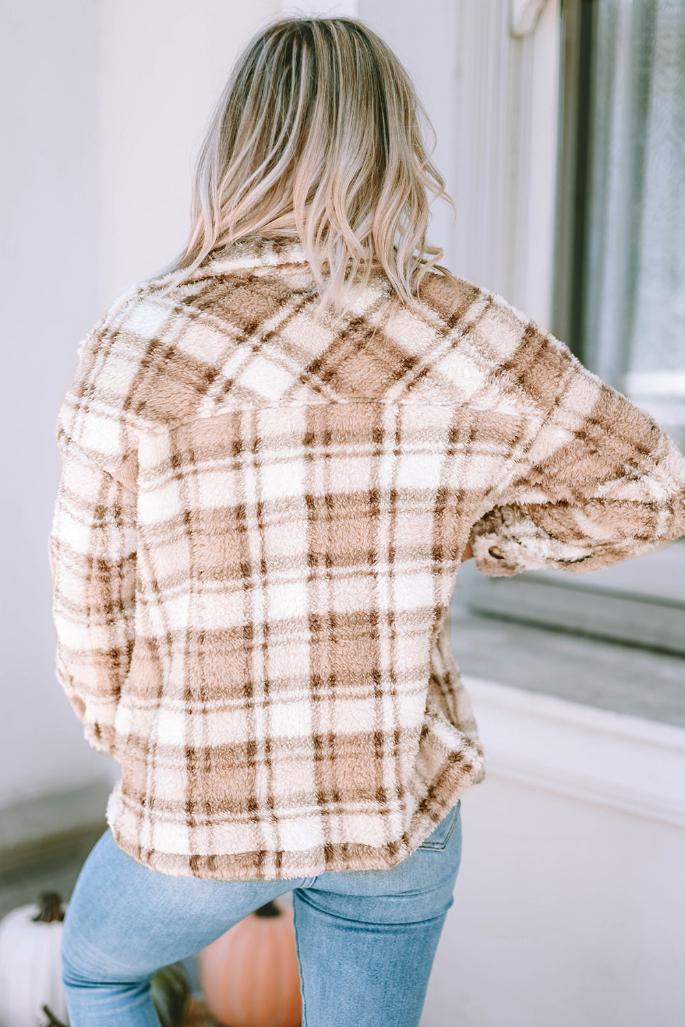 Women's Jacket with Sherpa Plaid Button