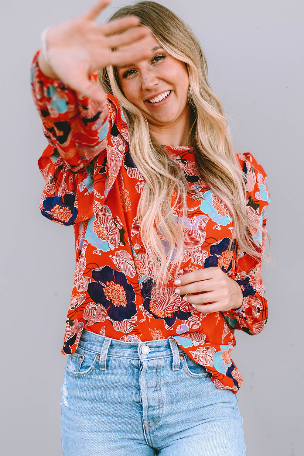 Women's Blouse Featuring Ruffle-Trimmed Balloon Sleeve Floral-Print Print