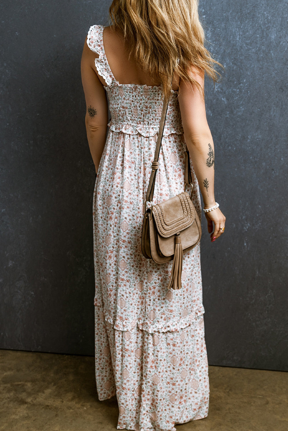Women's Maxi Dress with Lace-Trimmed Straps Shirred Floral-Print