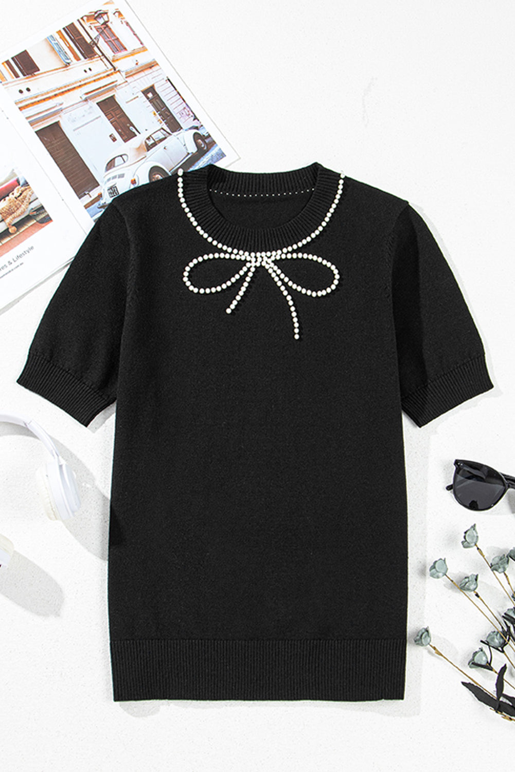 Pearl Bow Necklace Embellished Short Sleeve Knitted T Shirt
