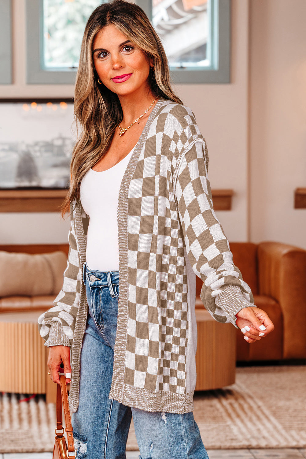 Open-Front Drop-Shoulder Checkered Drop-Shoulder Cardigan in Brown