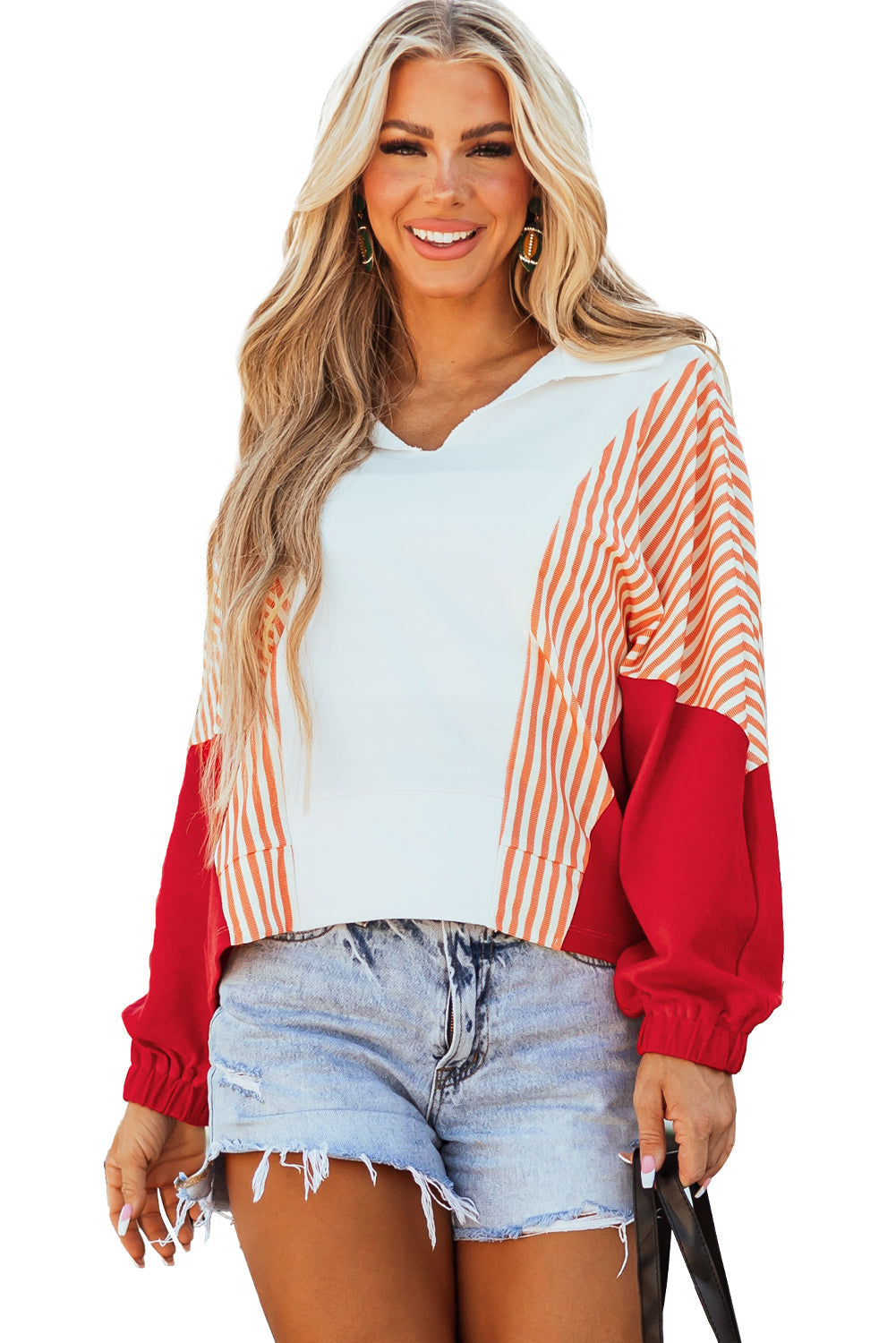 Striped Color Block Collared V Neck Oversized Sweatshirt