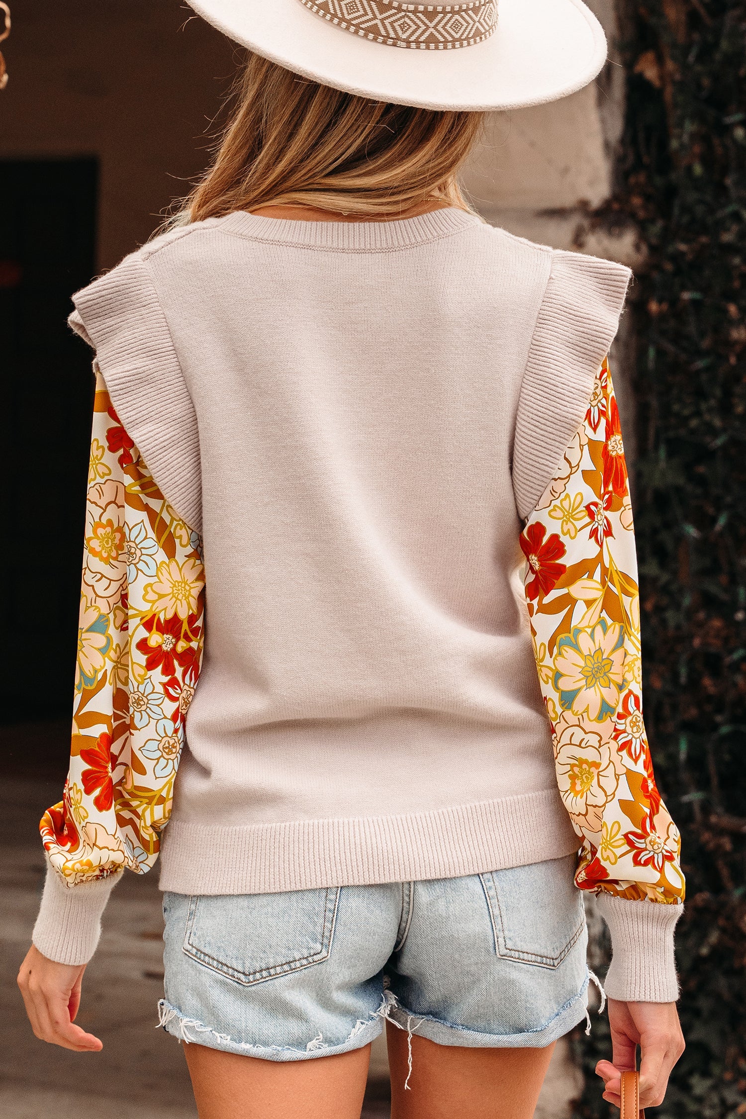 Ruffle Cable Knit Detail Contrast Floral Sleeve Patchwork Knit Top