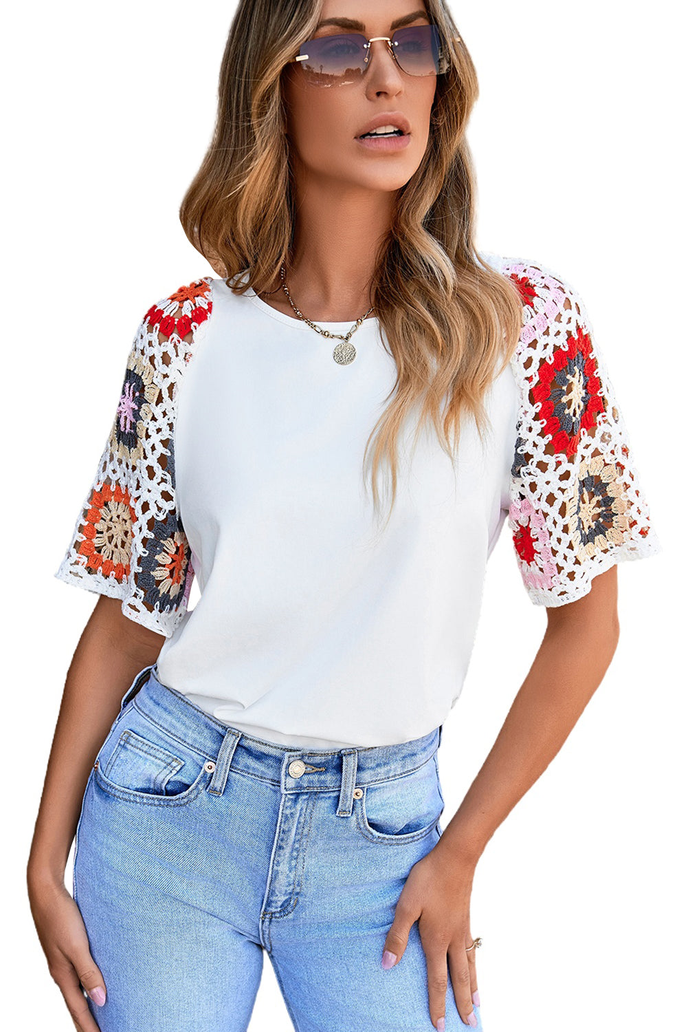 Women's Top with Crochet Short-Sleeve Floral-Print
