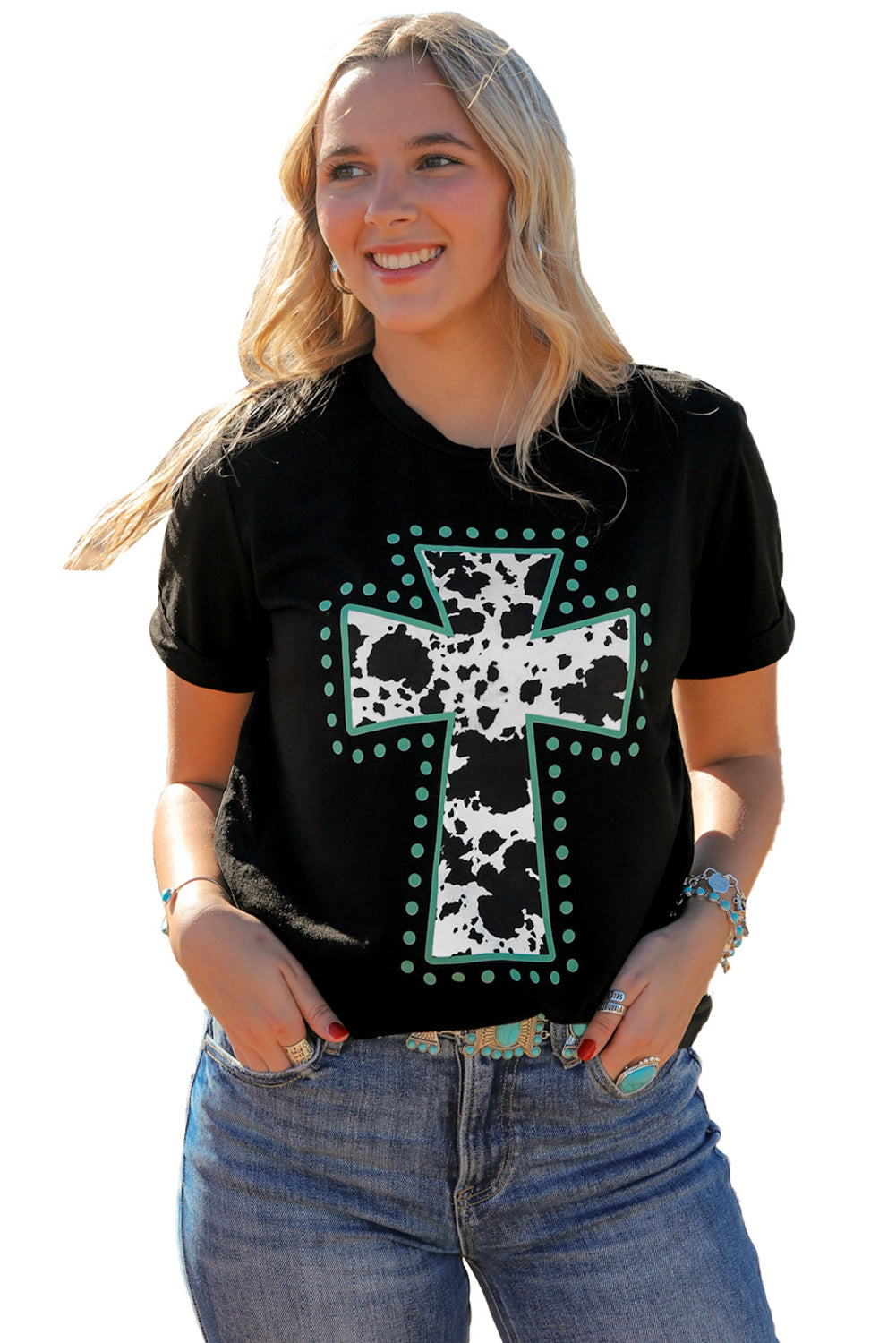 Women's Animal Print Cross Graphic-Print Tee