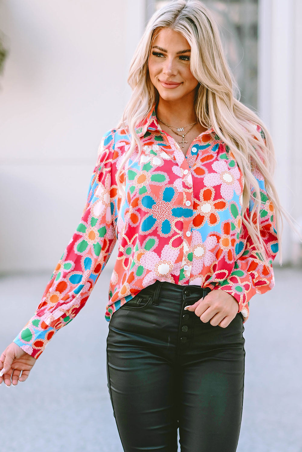 Women's Shirt with Floral-Print Print Bubble Sleeve