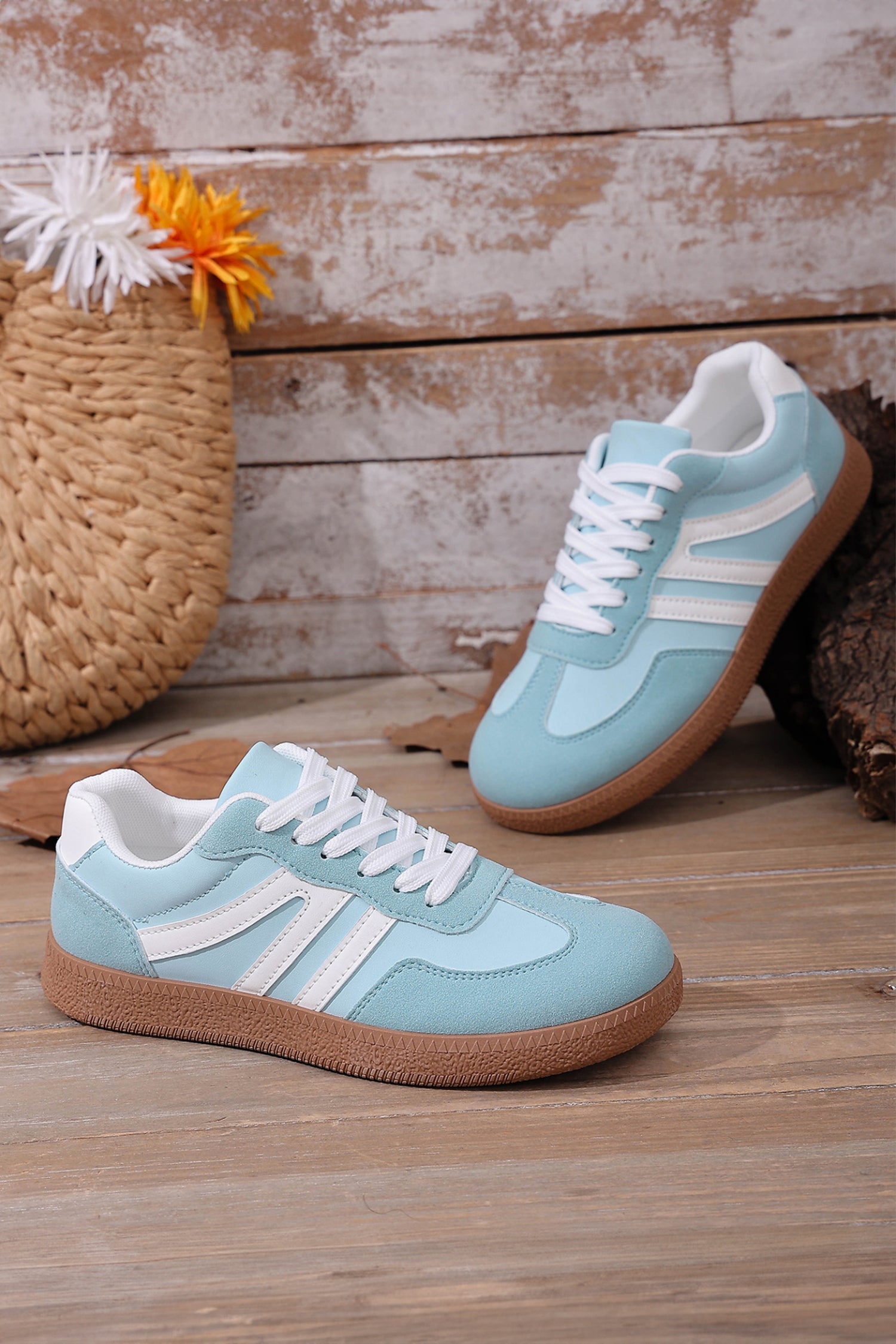 Dusk Blue Faux Suede PU Leather Colorblock Patchwork Lace-up Shoes