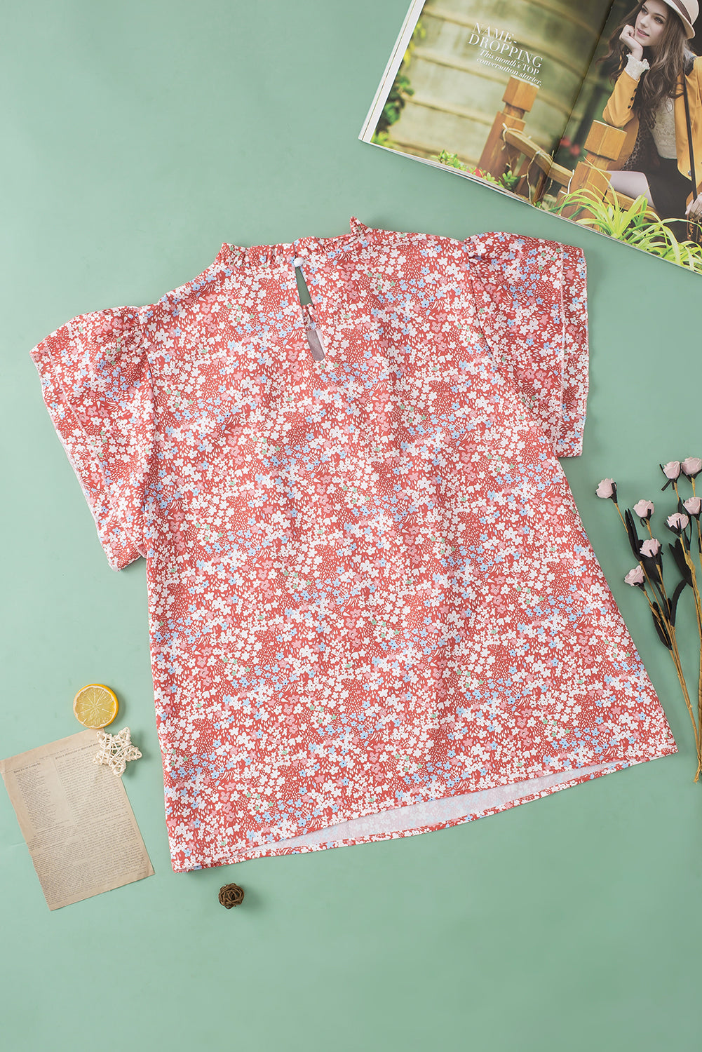 Women's Blouse Featuring Frill-Trimmed Neck Plus Size Floral-Print