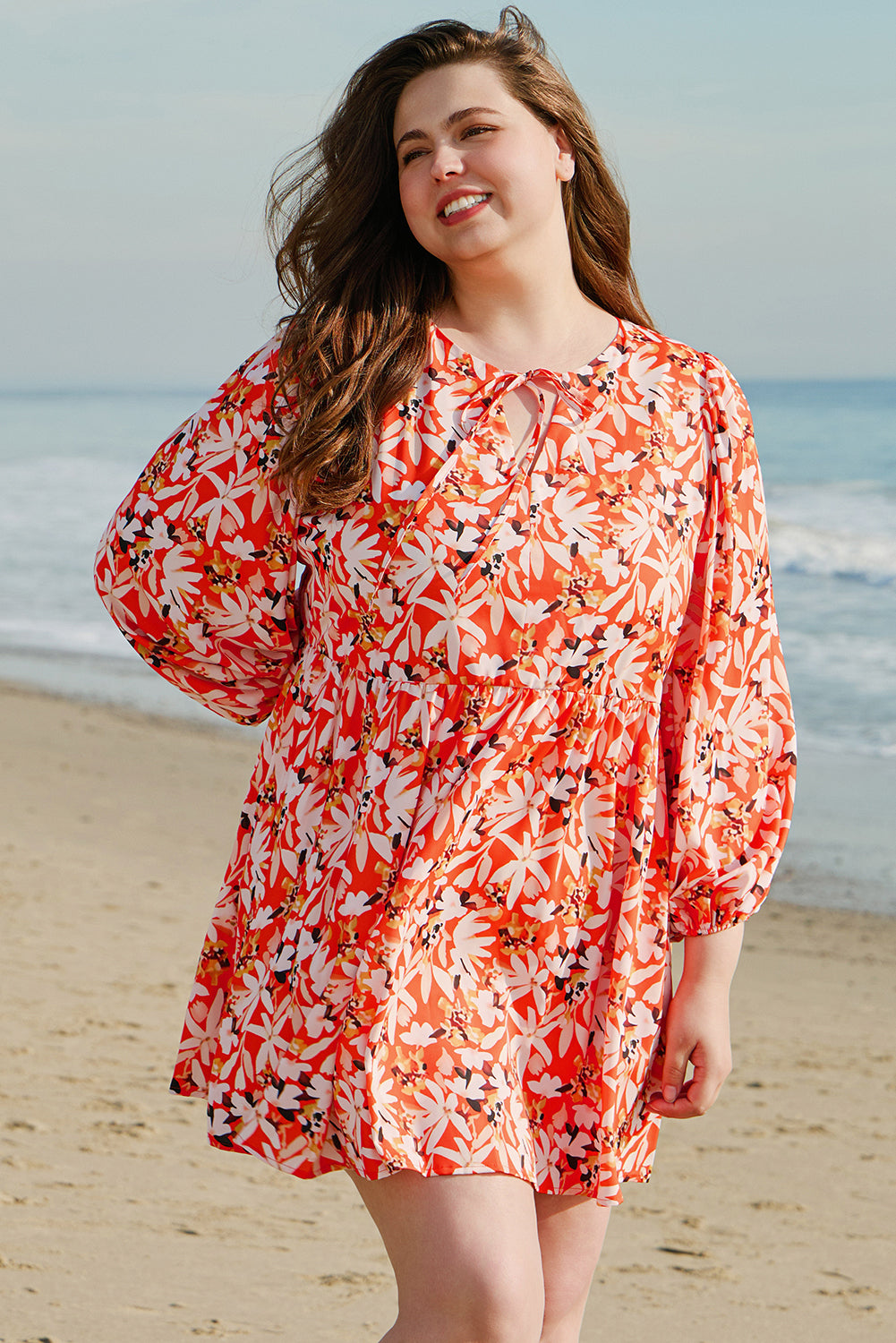 Floral Print Split V Neck Plus Size Dress