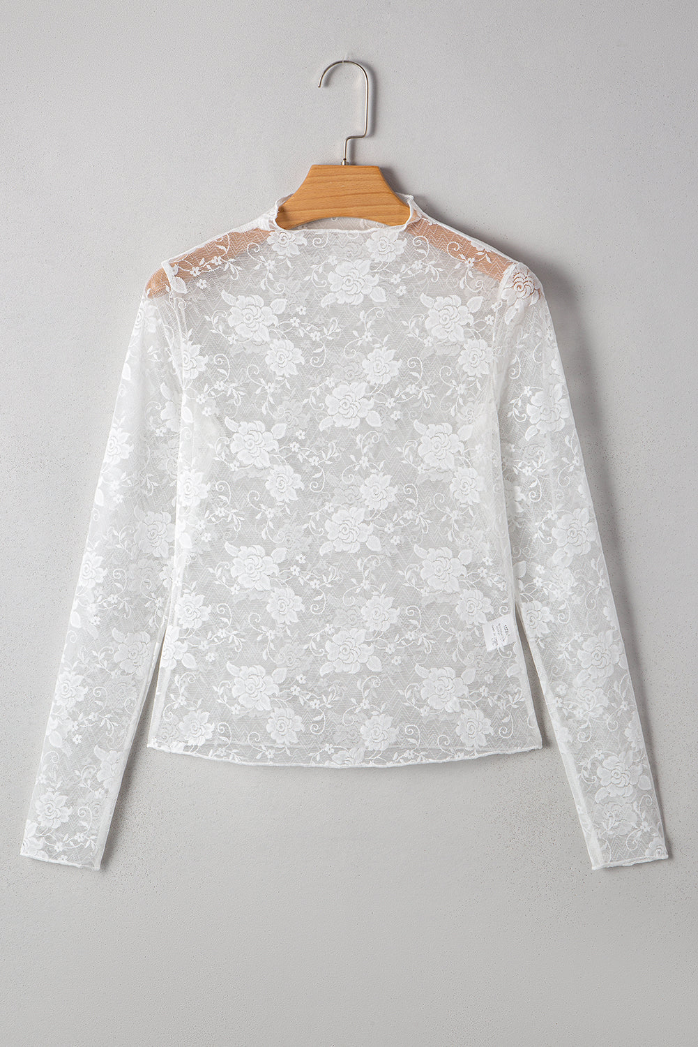Lace Sheer Floral Mesh Mock-Neck Long-Sleeved Top in White
