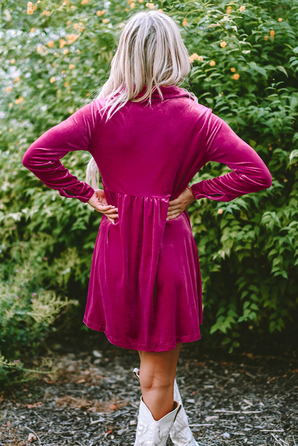 Women's Button Up Ruffle-Trimmed Velvet Dress