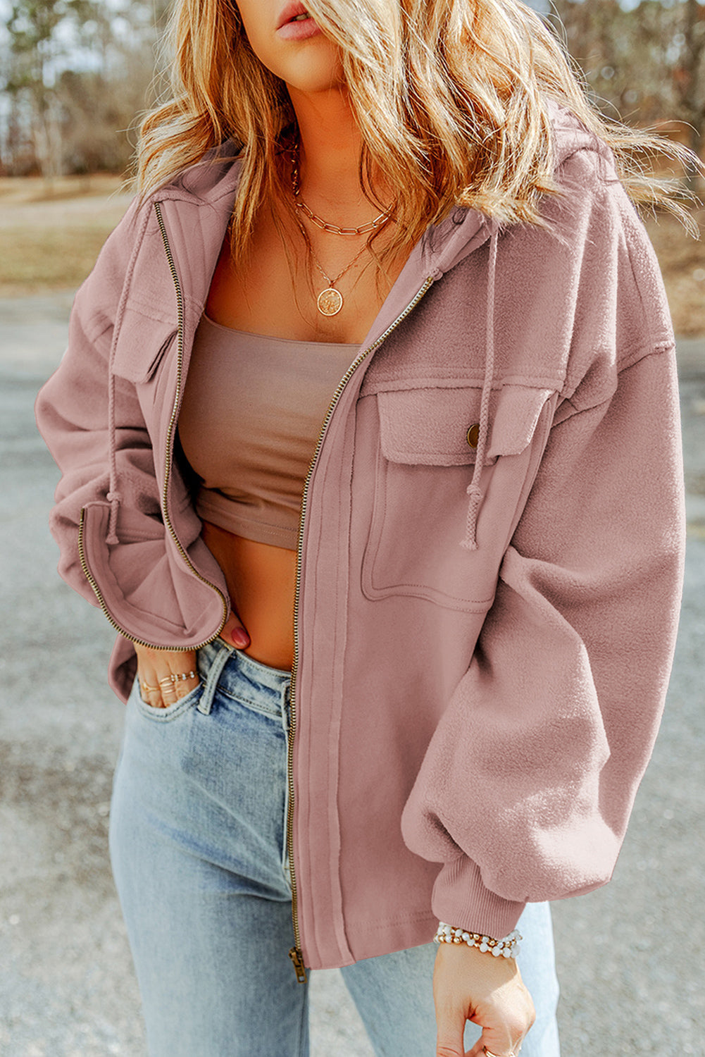 Jacket for Women Flap Pocket Drawcord Hood