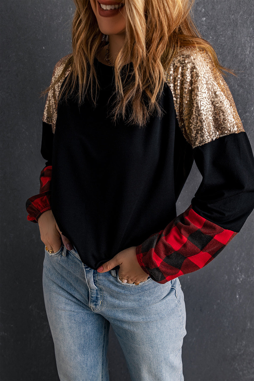 Women's Blouse with Crew Neck Plaid Splicing
