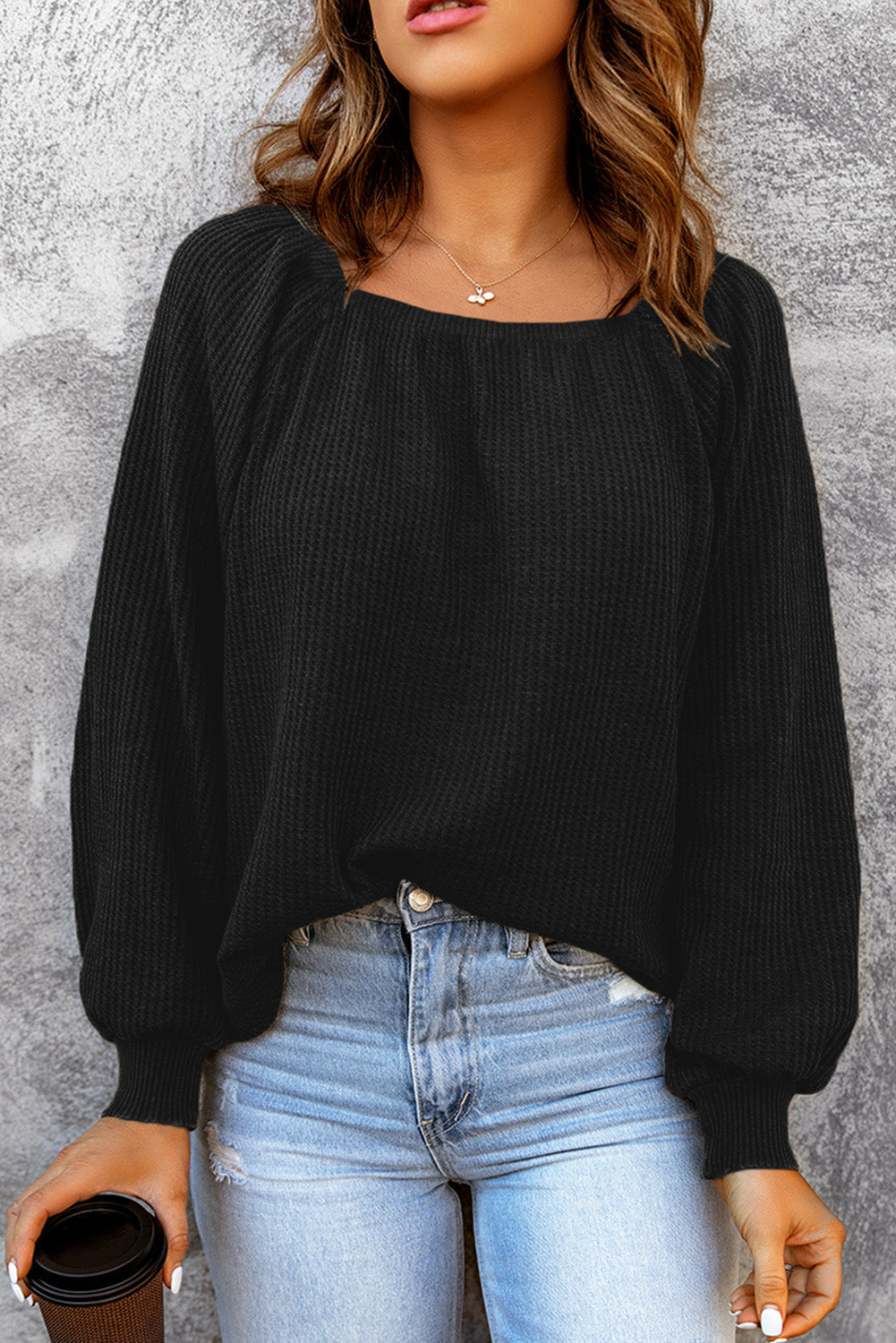 Women's Scoop Neck Waffle Knit Top