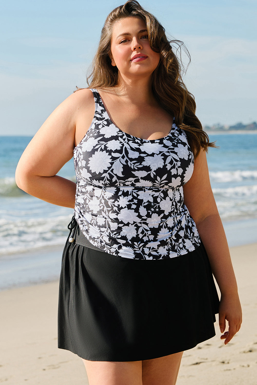 Plus Size Black Printed Ruffled Tankini Set