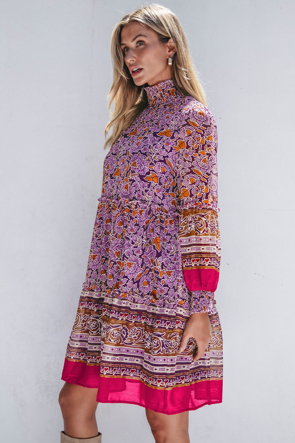 Women's Mini Dress with Mock Neck Shirred Balloon Sleeve