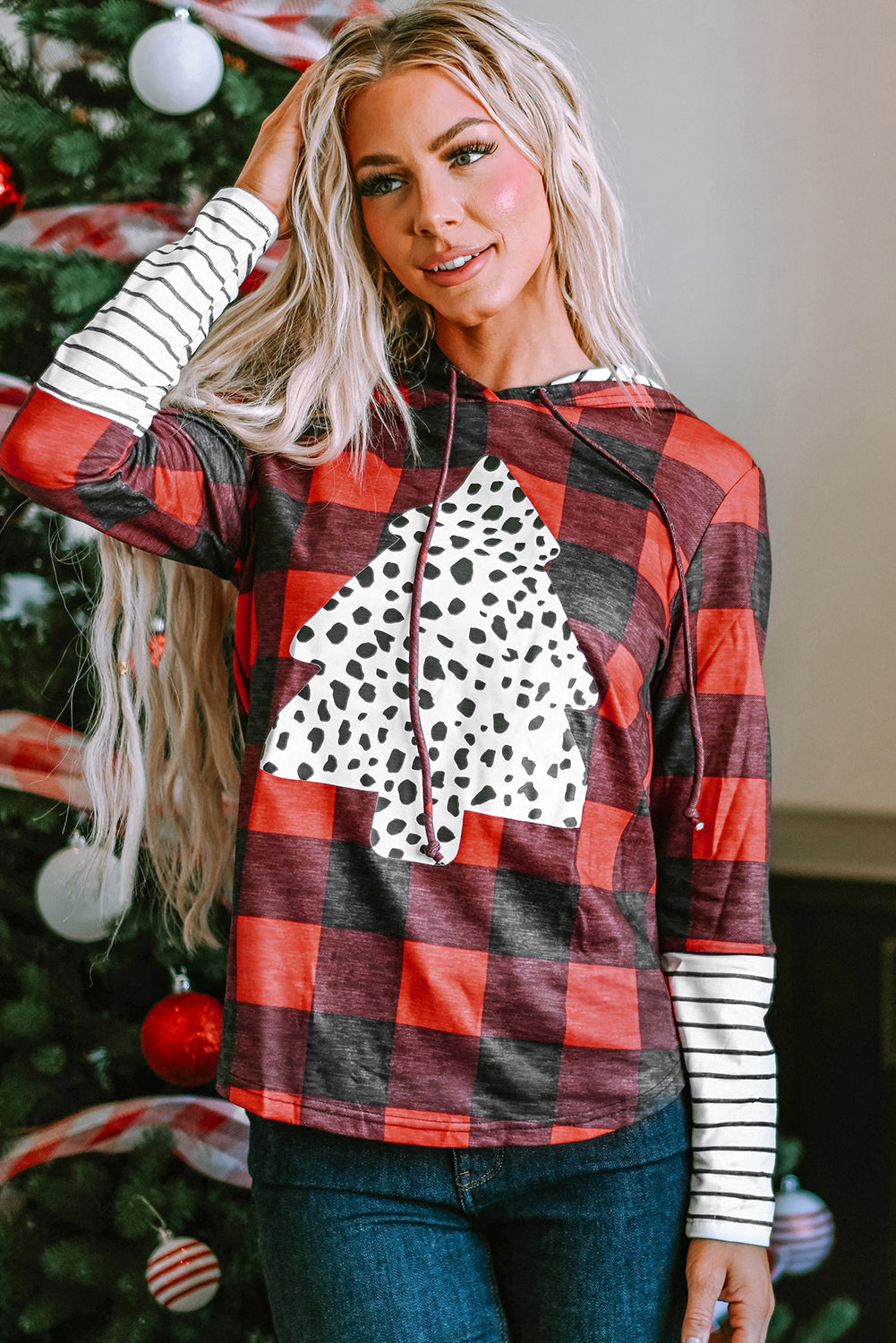 Women's Hoodie Featuring Plaid Christmas Tree Graphic-Print