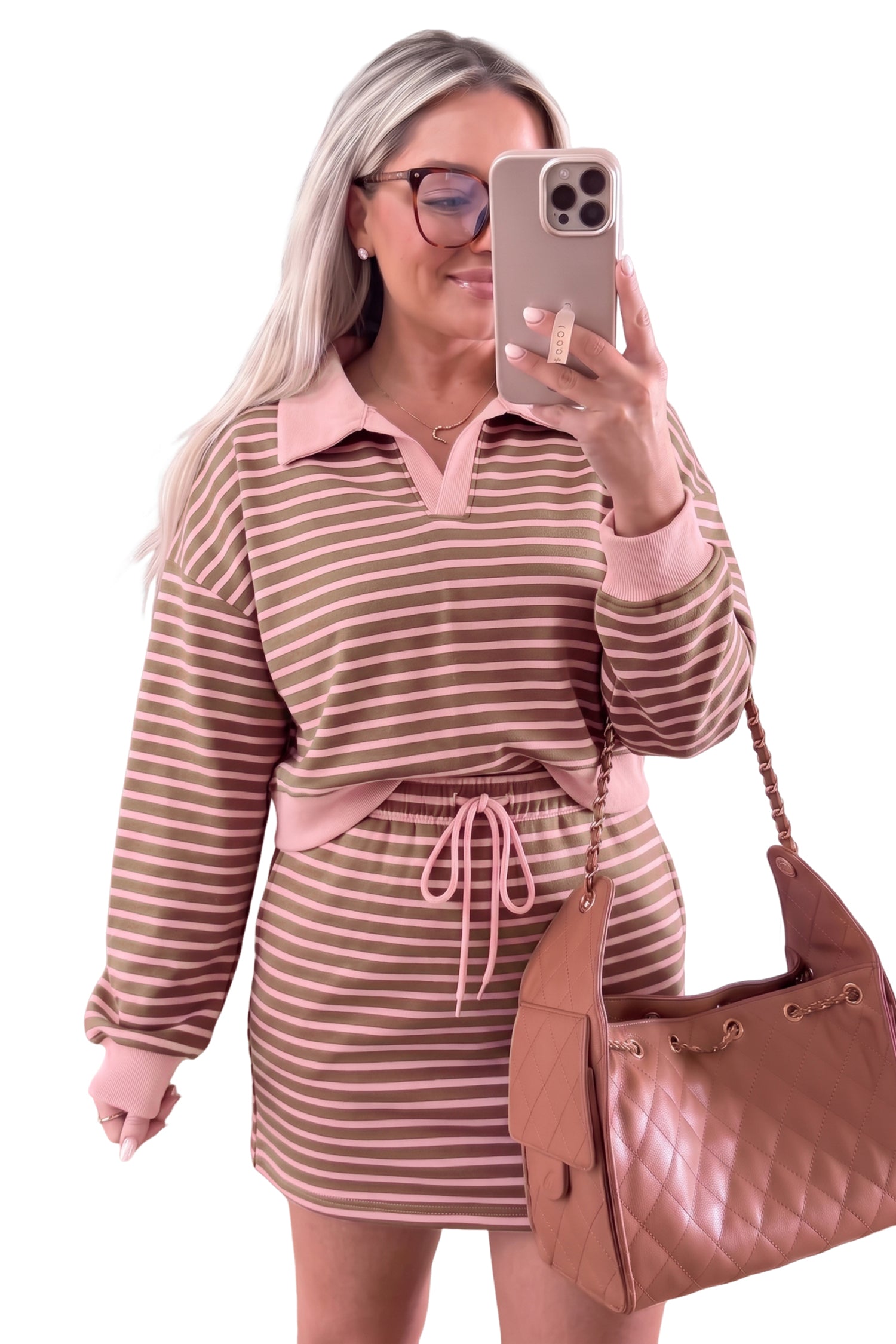 Waist Striped Drawcord Long-Sleeved Top Mini Skort Set in Brown