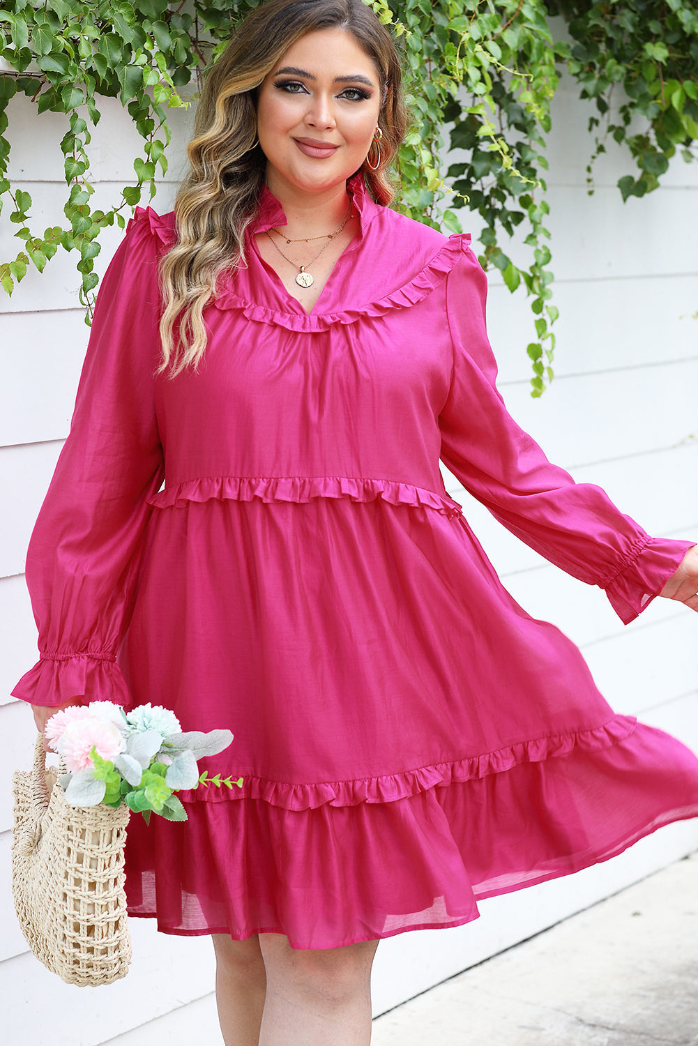 Dress for Women Plus Size Ruffle-Trimmed Bubble Sleeve