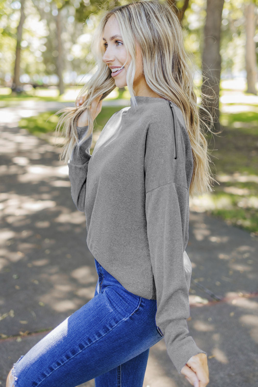 Knit Top for Women Rib-Knitted Zip