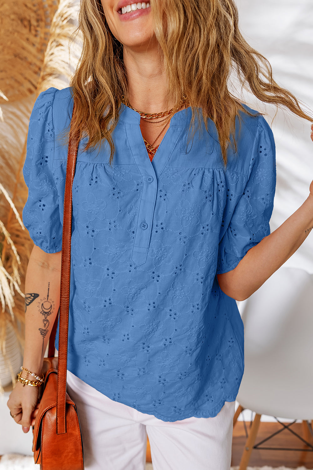 Lace Crochet V-Neck Half Sleeve Embroidery Button Down Blouses Everyday Shirts Style