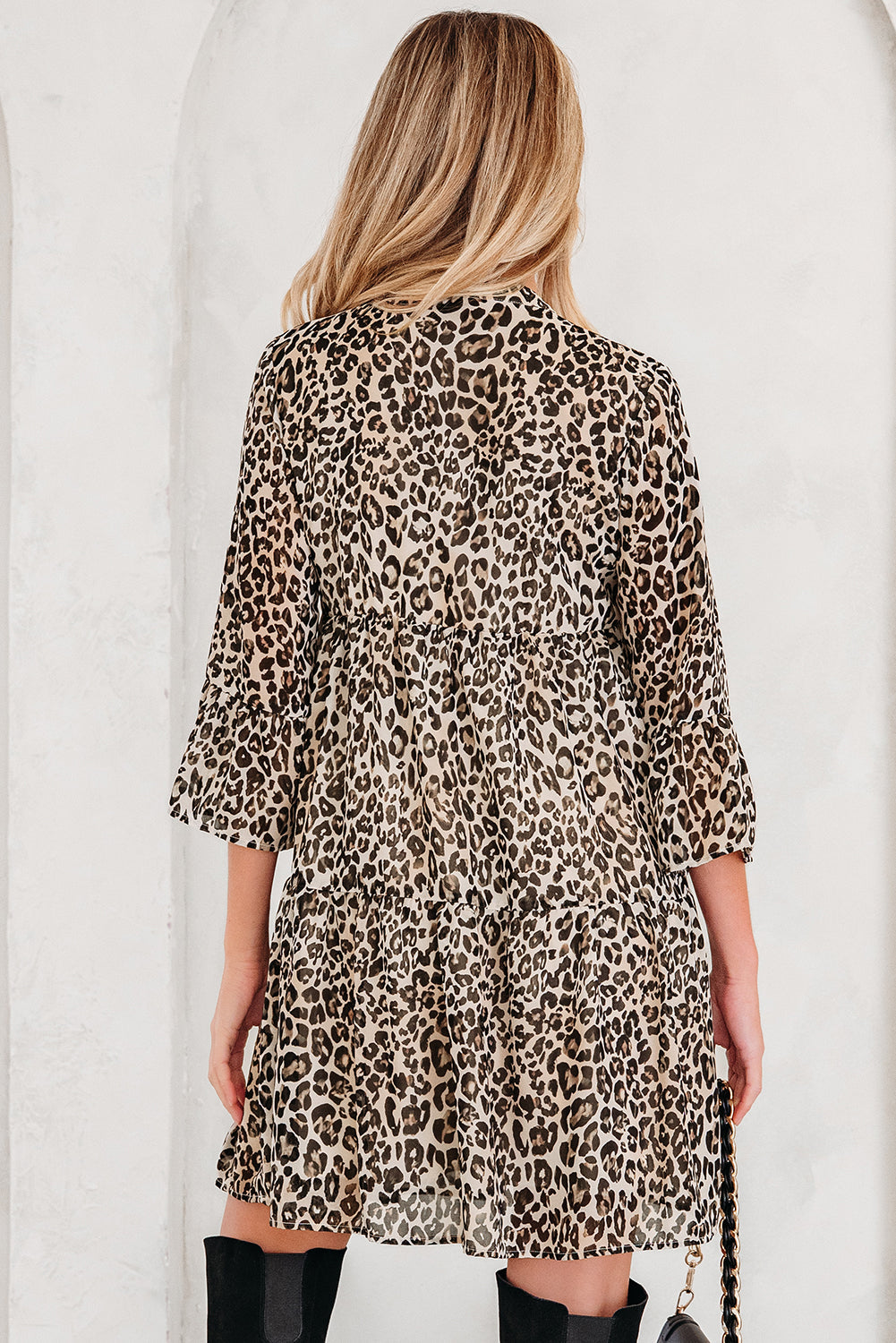 Leopard 3/4 Sleeve V-Neck Swing Dress