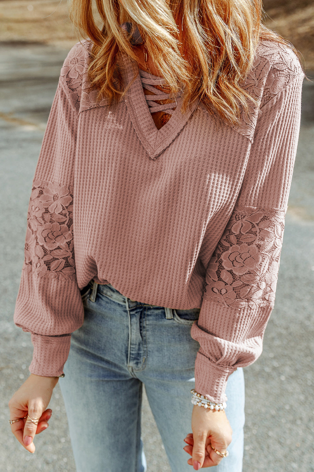 Women's Top with Long-Sleeve Lace-Trimmed Waffle V Neck