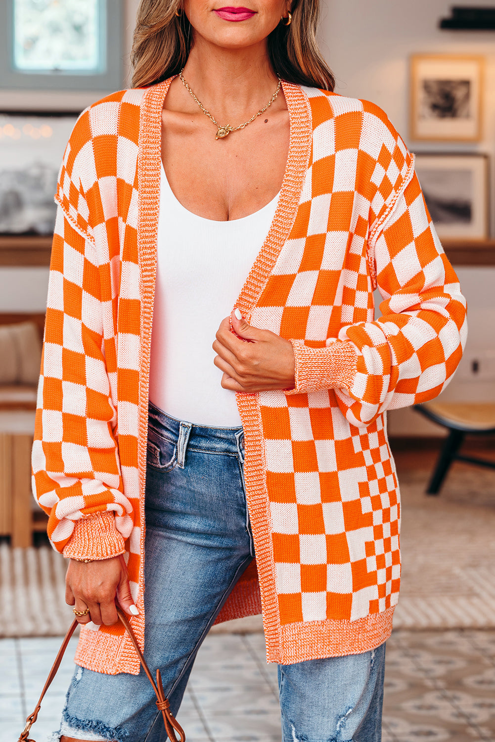 Open-Front Drop-Shoulder Checkered Drop-Shoulder Cardigan in Orange