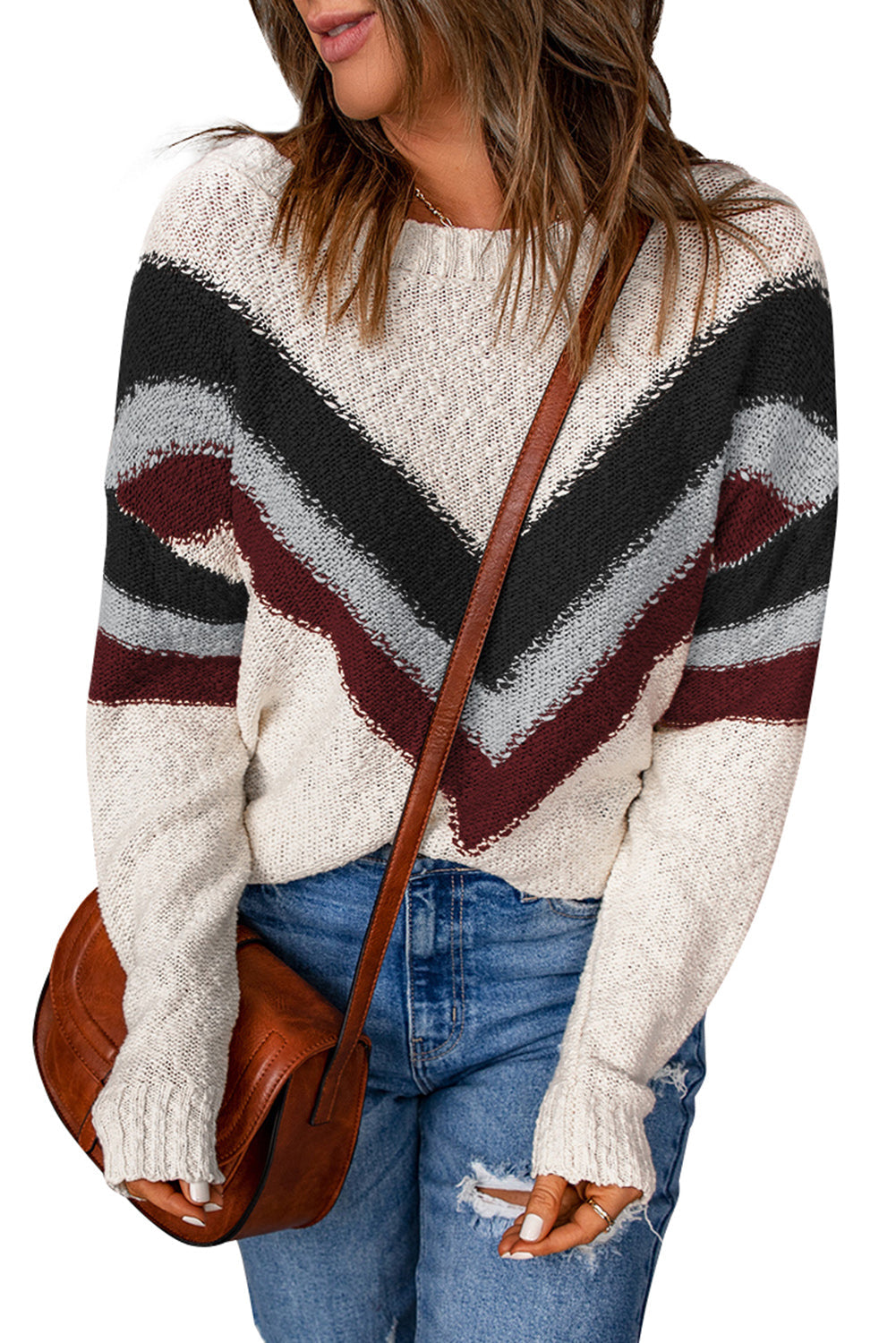 Women's Chevron Striped Dropped-Shoulder Sweater