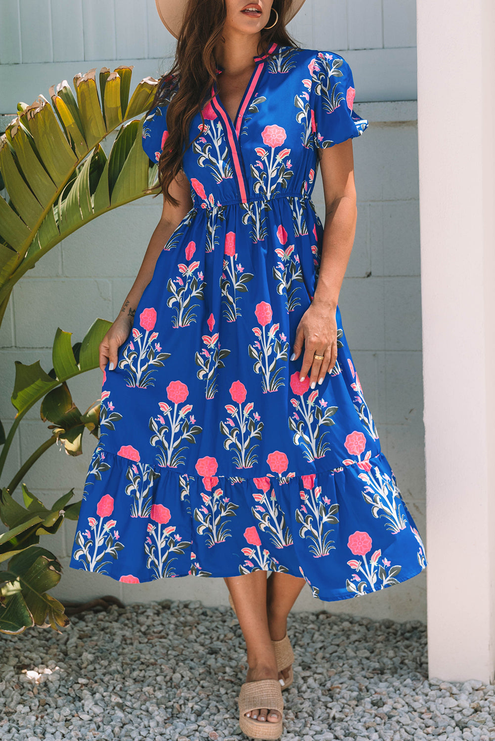 Short-Sleeved Floral Puff Maxi Dress in Blue