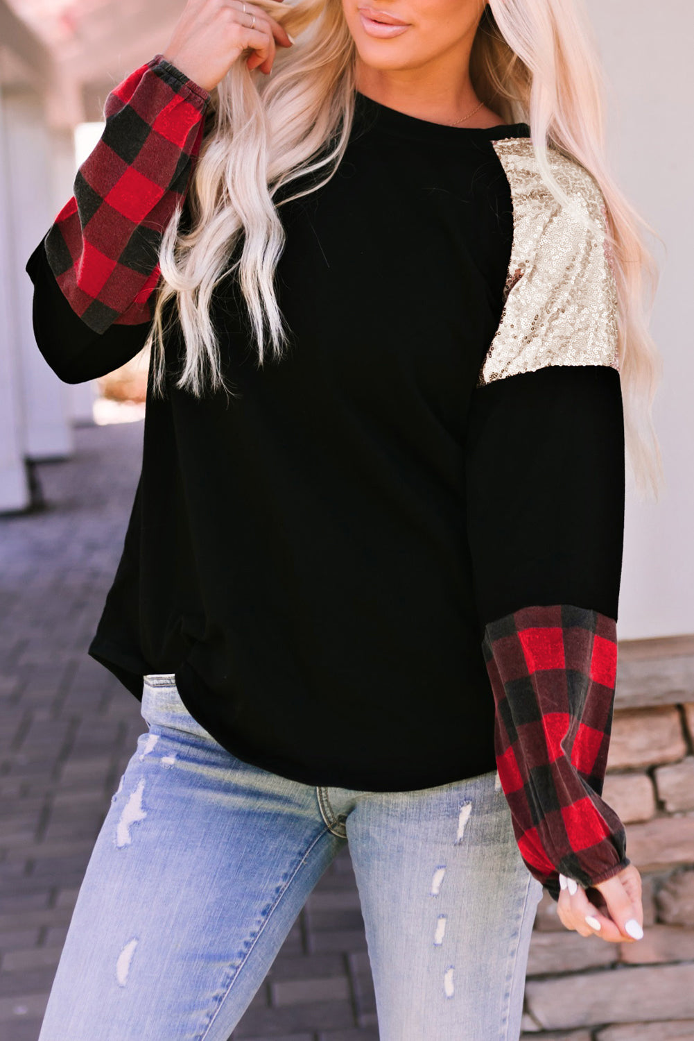 Women's Blouse with Crew Neck Plaid Splicing