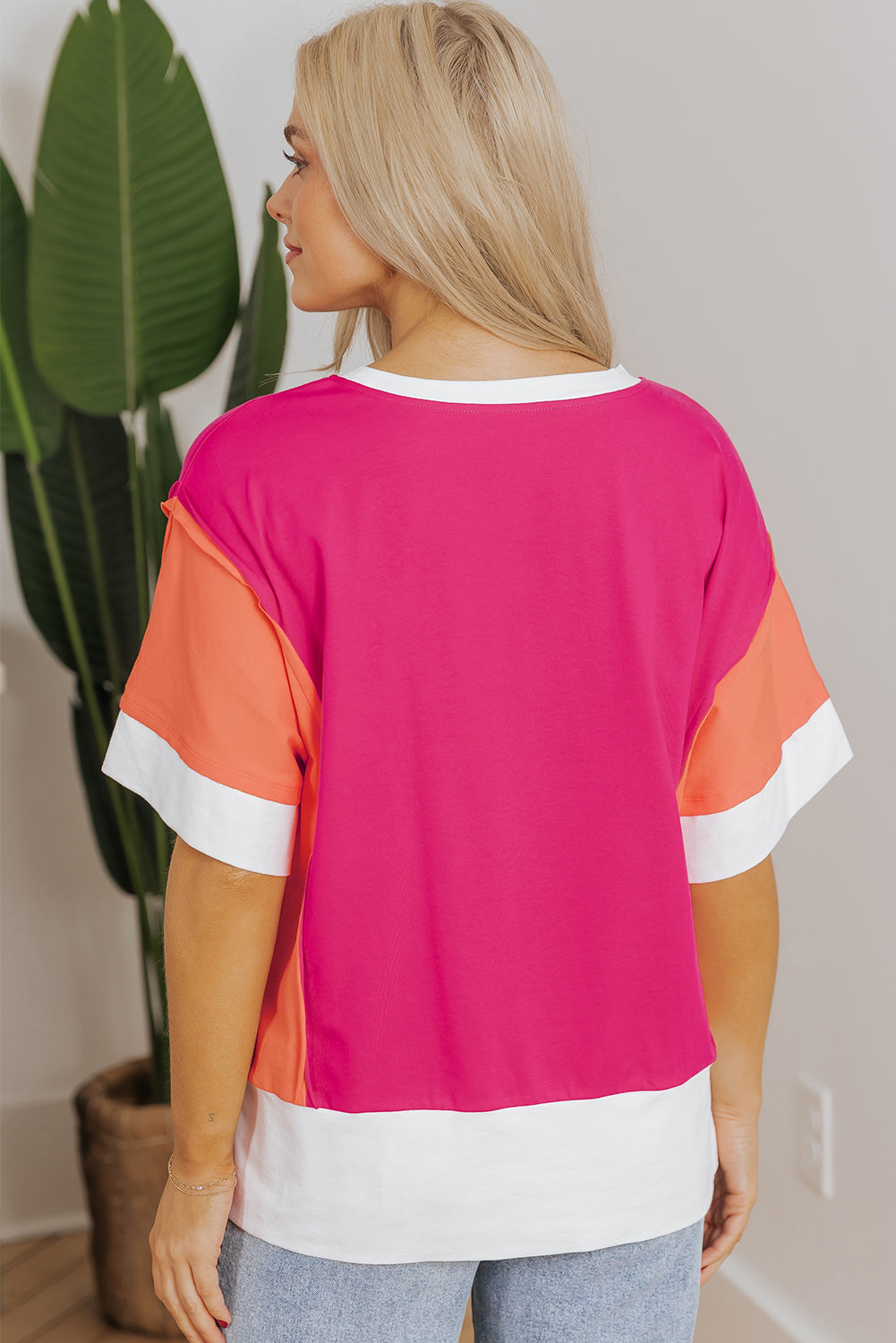Rose Red Color Block Loose Fit T Shirt