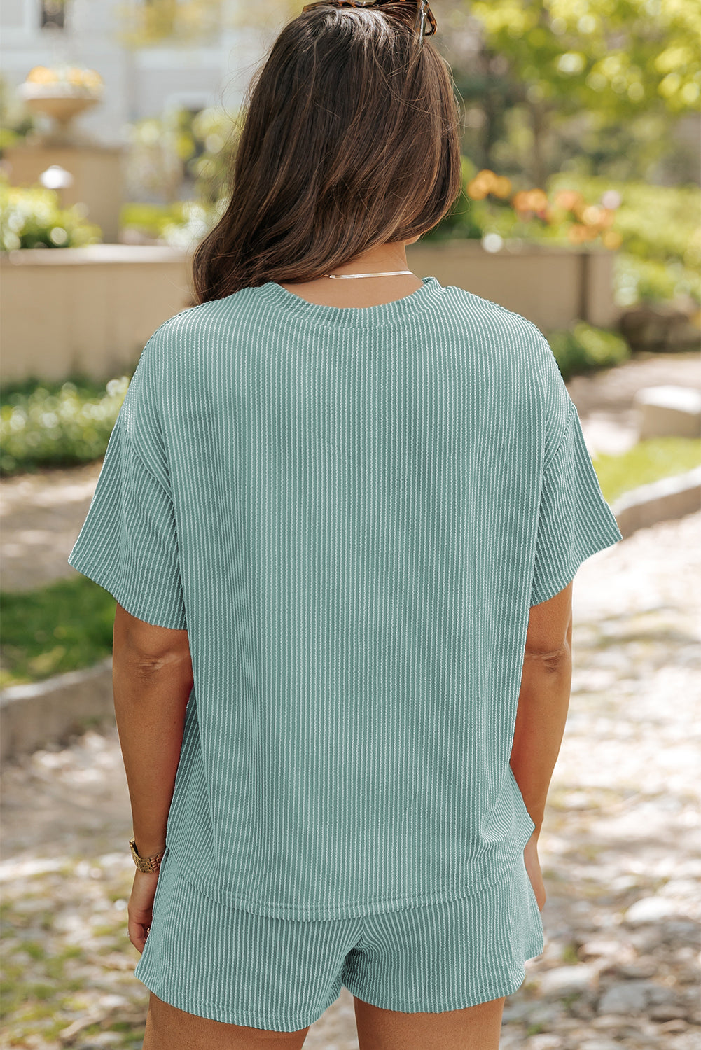 Shorts Set for Women Knitted Relaxed Fit Tee Rib-Knitted